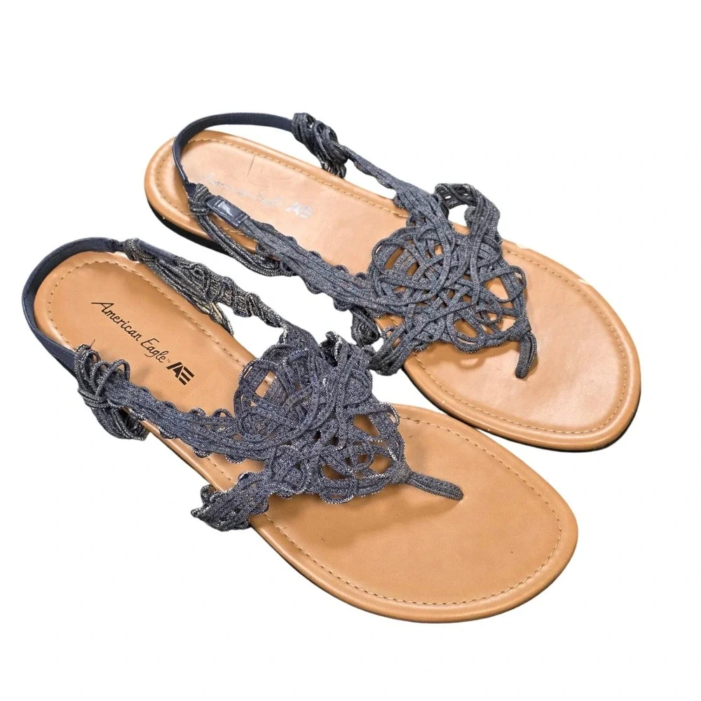 American Eagle Macrame Braided Thong Slingback Sandals Women's Size 11 Blue